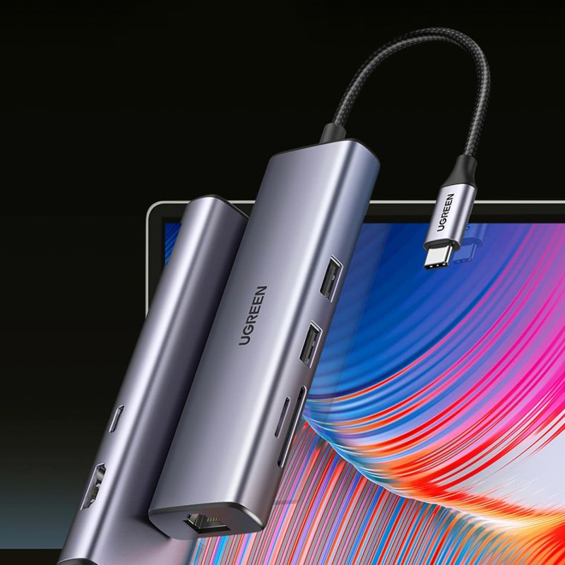 Док-станція USB3.1 Type-C --> HDMI 4K60Hz/USB 3.0x2/RJ45/SD/TF/PD 100W Ugreen CM512 Сіра (90568)