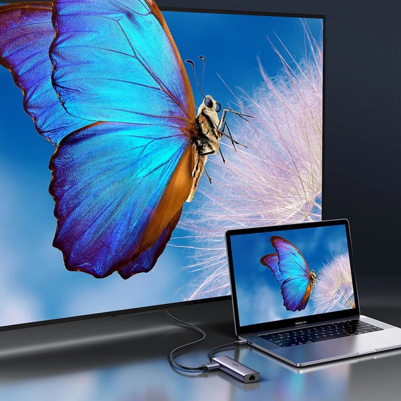 Док-станція USB3.1 Type-C --> HDMI 4K60Hz/USB 3.0x2/RJ45/SD/TF/PD 100W Ugreen CM512 Сіра (90568)