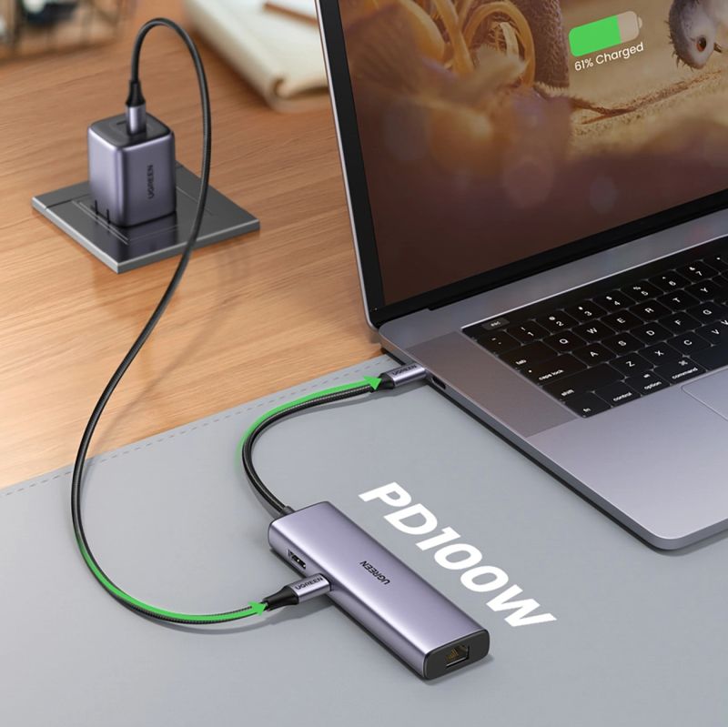 Док-станція USB3.1 Type-C --> HDMI 4K60Hz/USB 3.0x2/RJ45/SD/TF/PD 100W Ugreen CM512 Сіра (90568)