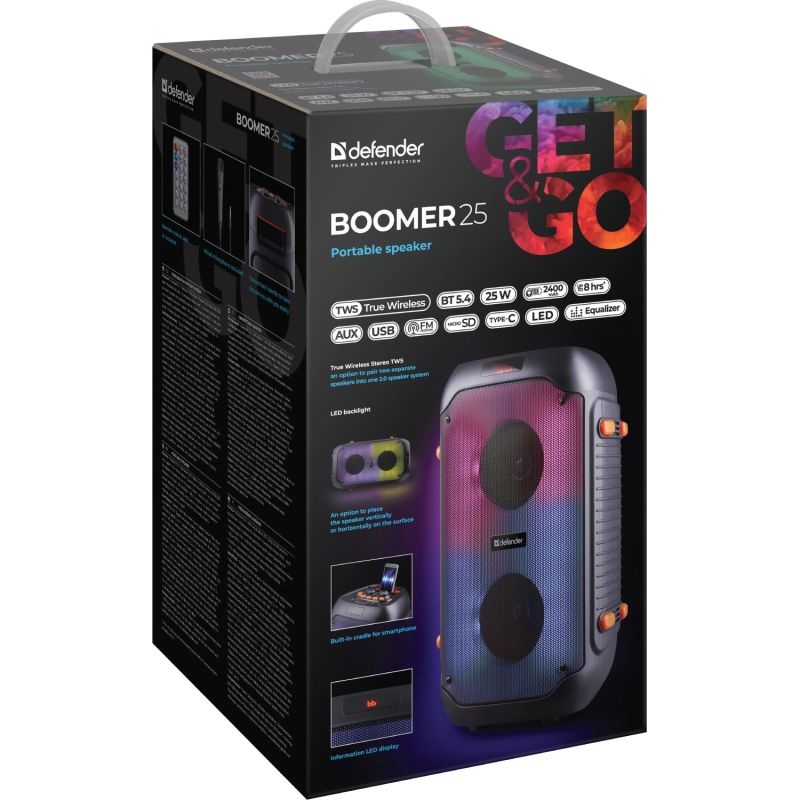 Акустична система 2.0 Defender Boomer 25, 25Вт RGB/BT/FM/USB/TF/AUX/MIC, чорна (65425)