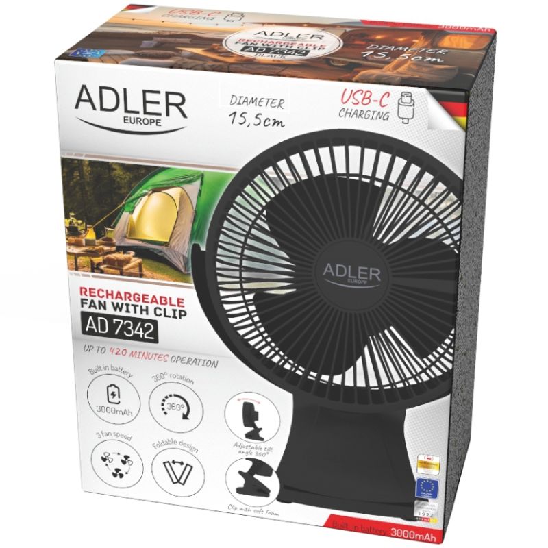 Вентилятор AdlerAD 7342 black настільний/ акумуляторний/ 5Вт/ D=15.5см/ USB-C/ чорний (AD7342B)