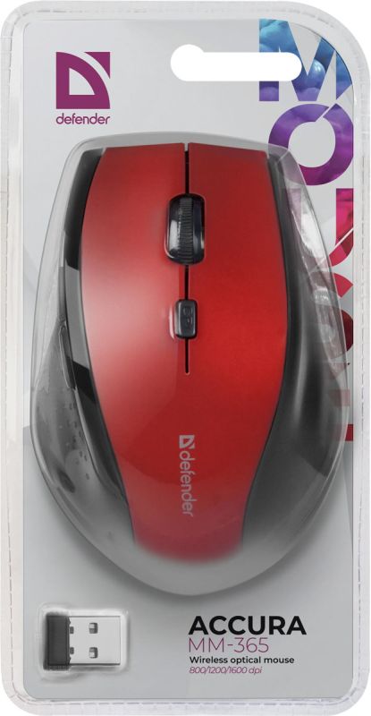 Мишка Defender Accura MM-365, бездротова, 6 кн. до 1600 dpi, червона (52367)