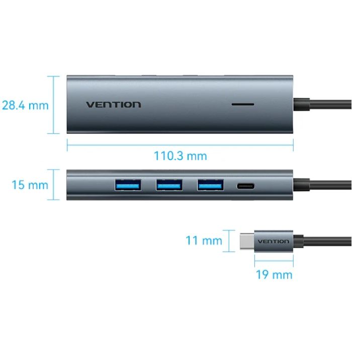 Хаб USB 3.0 Type-C -> 4xUSB 3.0/1xUSB-C, 5Gbps, Black Vention (TGZHB)