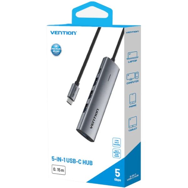 Хаб USB 3.0 Type-C -> 4xUSB 3.0/1xUSB-C, 5Gbps, Black Vention (TGZHB)