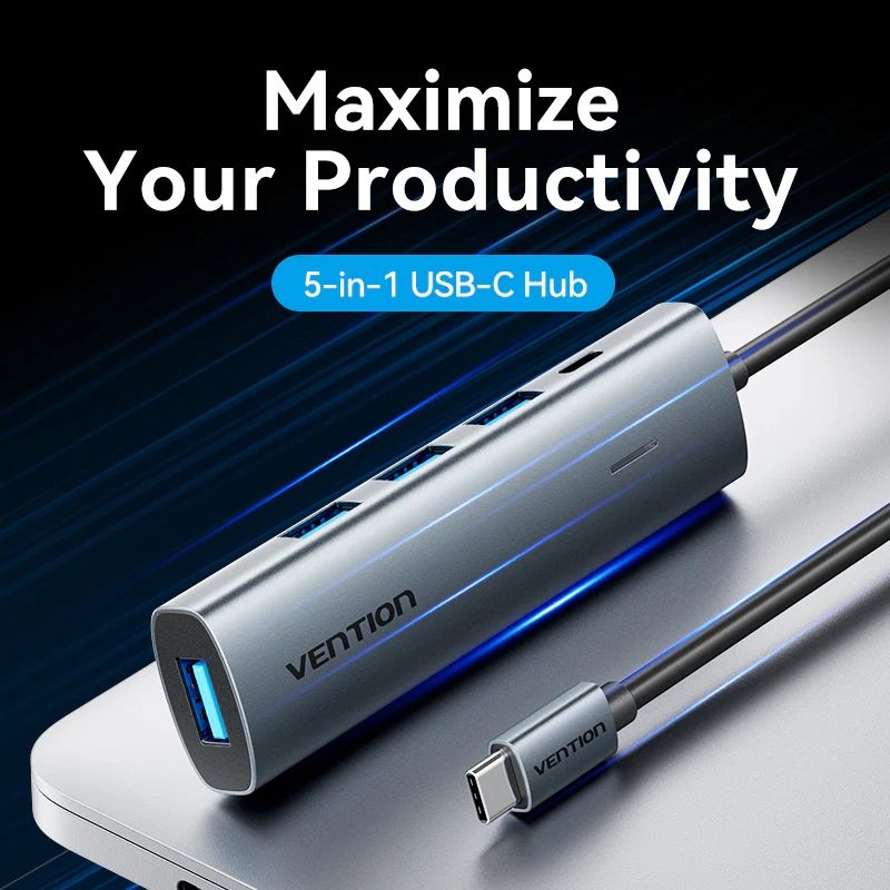 Хаб USB 3.0 Type-C -> 4xUSB 3.0/1xUSB-C, 5Gbps, Black Vention (TGZHB)