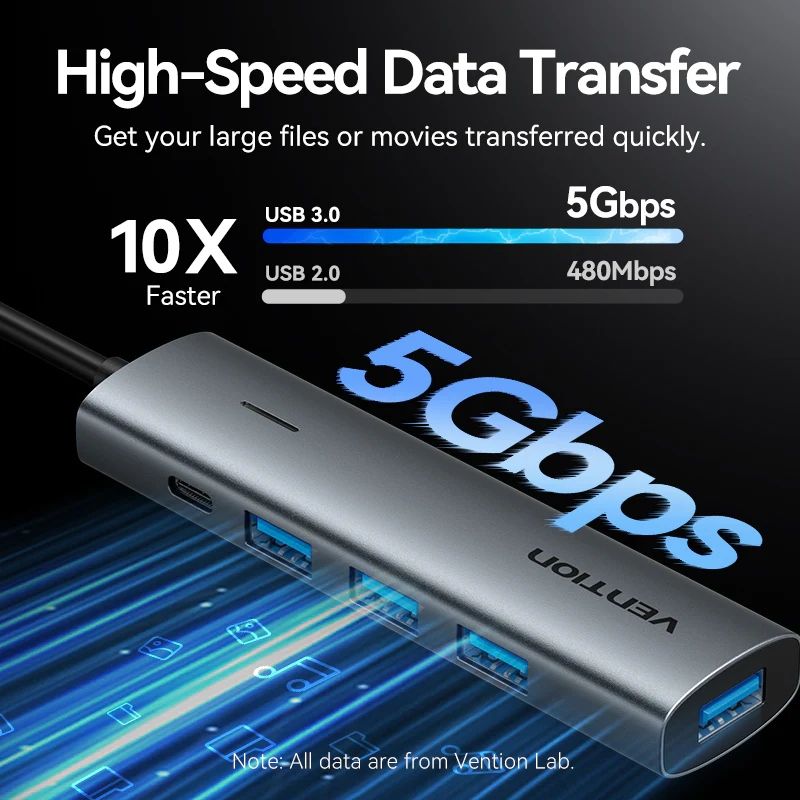 Хаб USB 3.0 Type-C -> 4xUSB 3.0/1xUSB-C, 5Gbps, Black Vention (TGZHB)