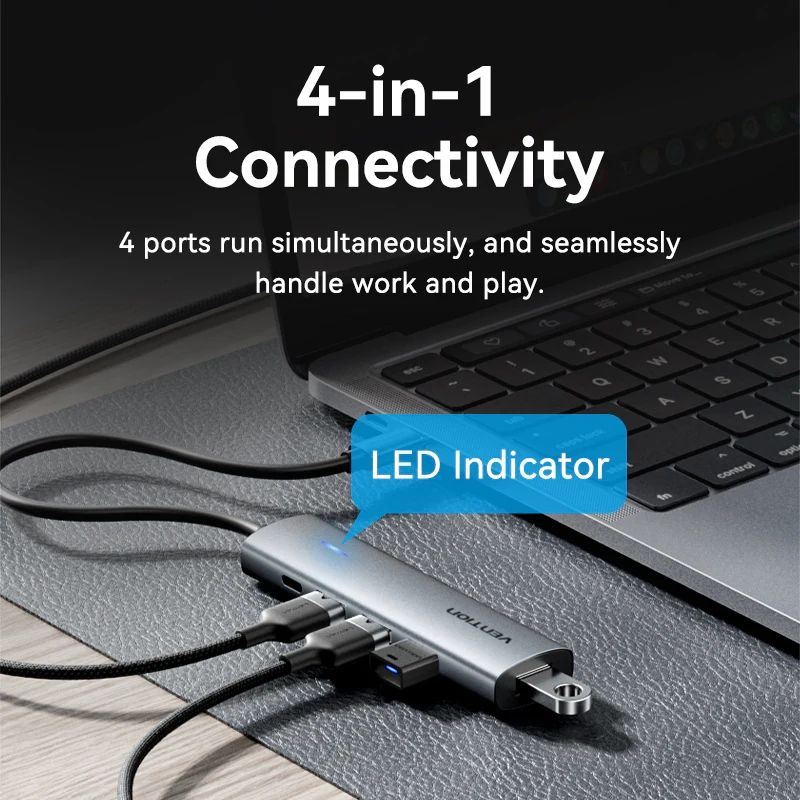 Хаб USB 3.0 Type-C -> 4xUSB 3.0/1xUSB-C, 5Gbps, Black Vention (TGZHB)