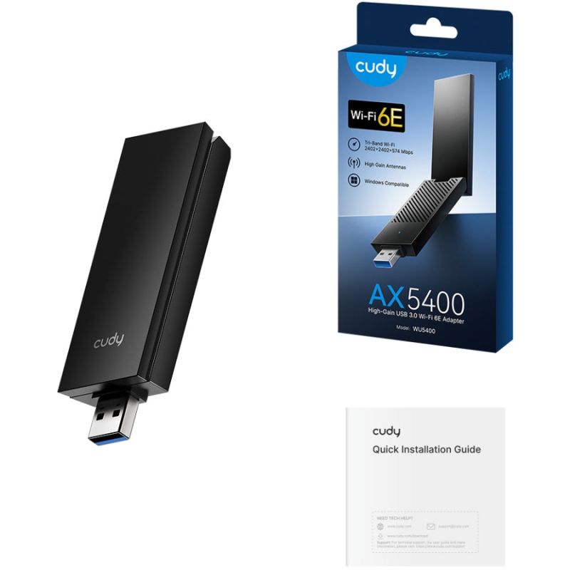 Адаптер WiFi Cudy , AX5400 Tri-Band Wi-Fi 6 / 6E USB 3.0 Adapter, 802.11ax/ac/a/b/g/n, 2402Mbp (WU5400)