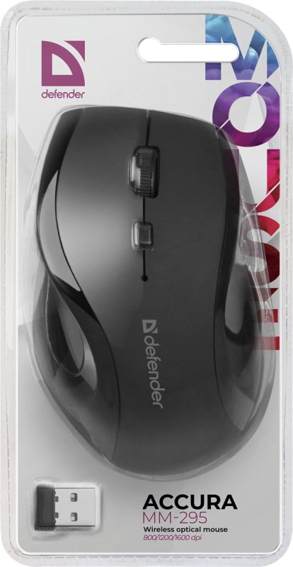 Мишка Defender Accura MM-295, бездротова,6 кн. до 1600 dpi, чорна (52295)