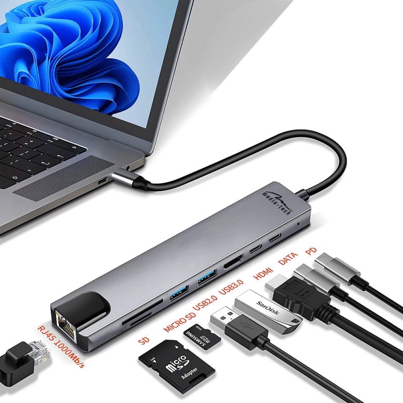 Док-станція USB3.1 Type-C --> HDMI4K60Hz/2xUSB-A/2xType-C/RJ45/SD/TF/PD 100W 8 in 1 Media-Tech (MT5046)