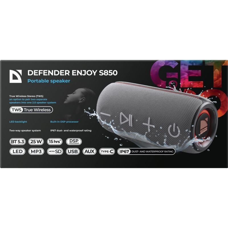 Акустична система 1.0 Defender Enjoy S850 25Вт RGB/BT/TF/TWS/DSP/IP67 чорна (65851)