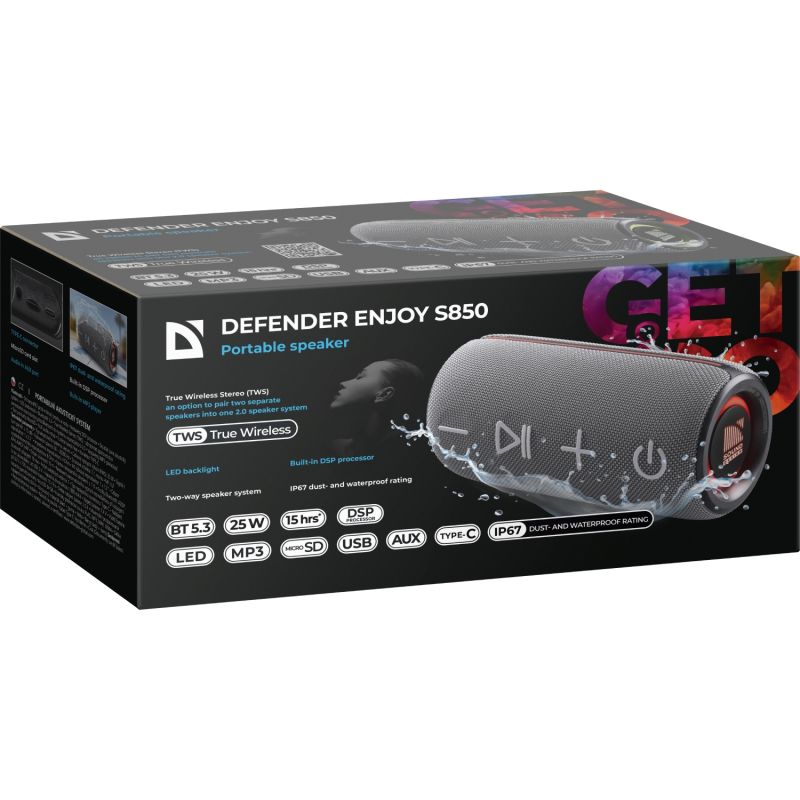 Акустична система 1.0 Defender Enjoy S850 25Вт RGB/BT/TF/TWS/DSP/IP67 чорна (65851)