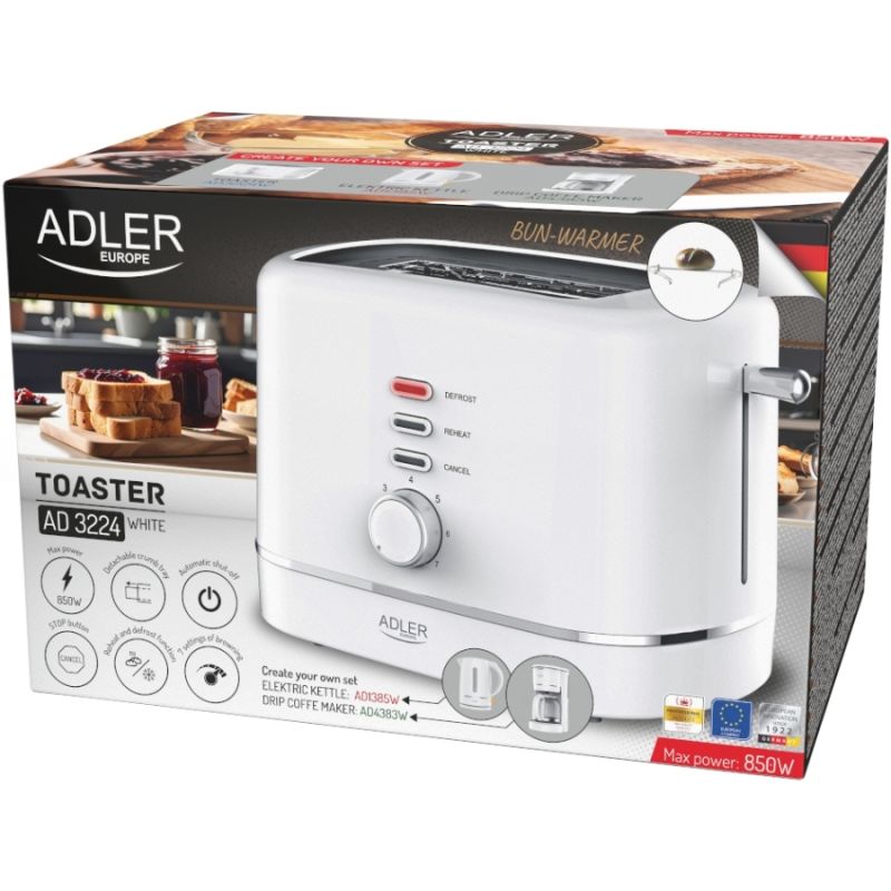 Тостер Adler AD 3224 white 850Вт/ 2 відділення/7 режимів підсмажування/розморожування/підігрів булок (AD3224W)