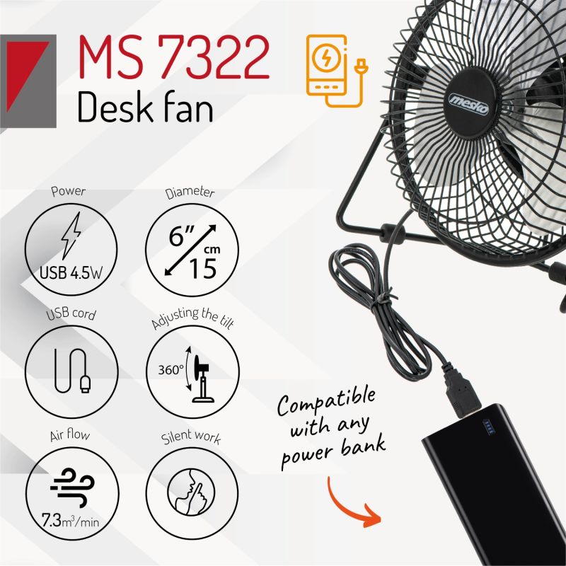 Вентилятор Mesko MS 7322 настільний/ USB/ 4,5Вт/ D=15см/ чорний (MS7322)