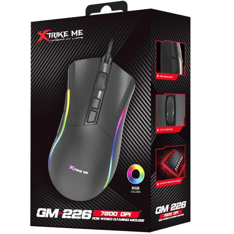 Мишка XTRIKE ME , ігрова, USB, 7200dpi., 7кн.,RGB, чорна (GM-226)