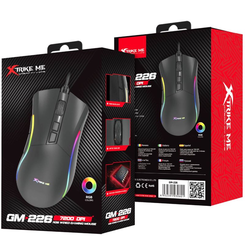 Мишка XTRIKE ME , ігрова, USB, 7200dpi., 7кн.,RGB, чорна (GM-226)