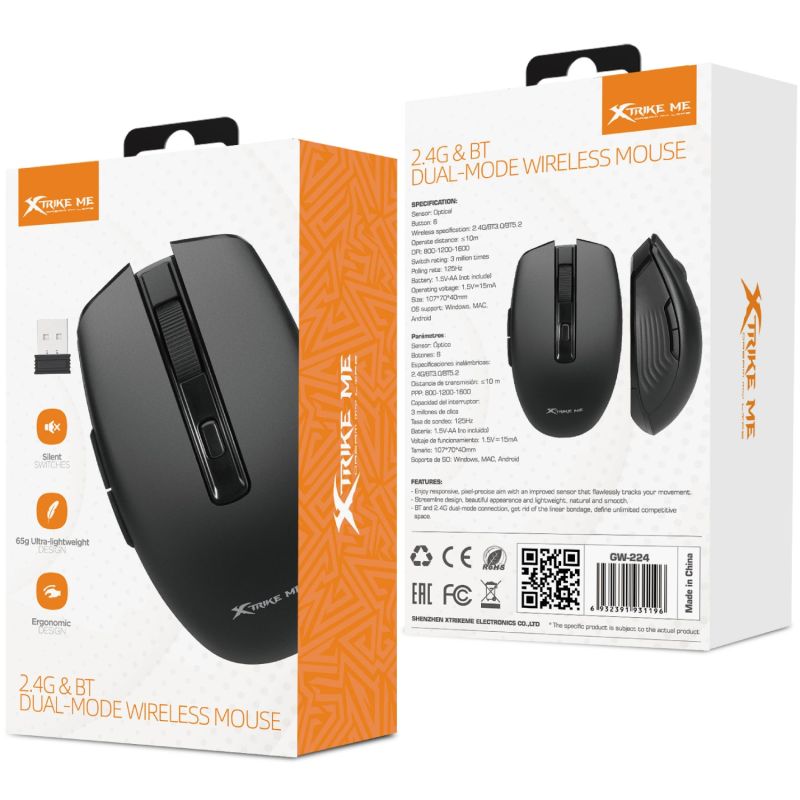 Мишка XTRIKE ME GW-224, бездротова Bluetooth+2.4G 1600dpi., 6кн., Silent, чорна (GW-224BK)