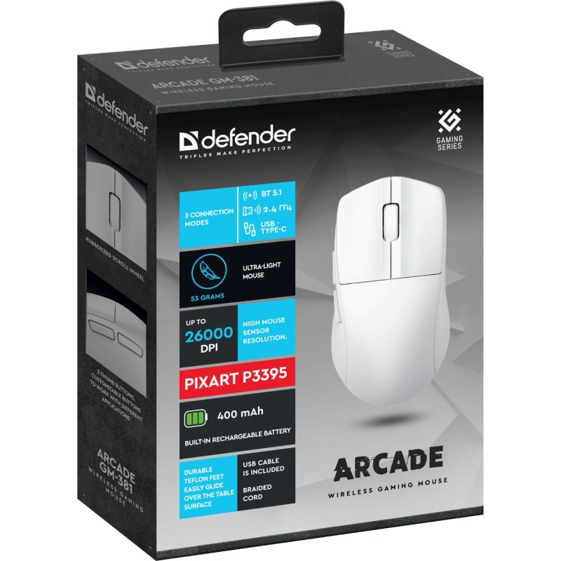 Мишка Defender Arcade GM-381, бездротова, Bluetooth+2.4 ГГц, ігрова, 6 кн. 26000 dpi, 400mAh, біла (52382)