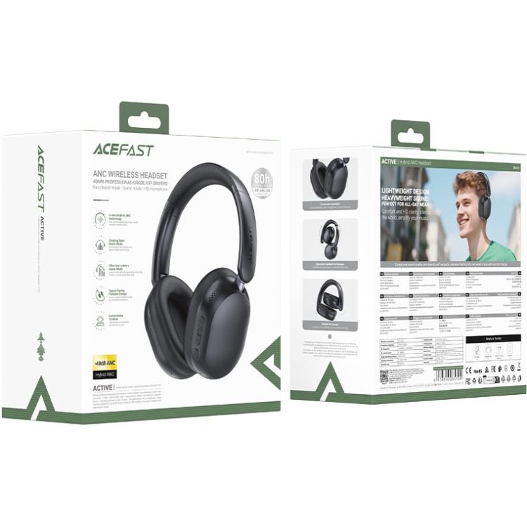 Гарнітура Acefast H12 Hybrid ANC, Bluetooth, Black (6974316285724)