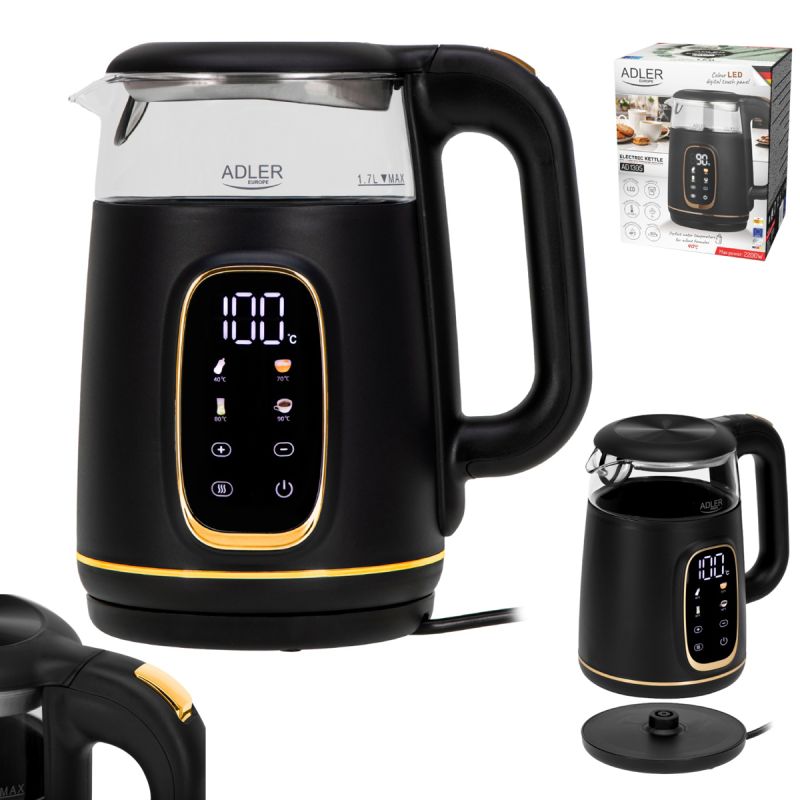 Електрочайник Adler AD 1305 black gold 1850-2200Вт/ 1.7л/ скло/ встановлення температури/ (AD1305BG)