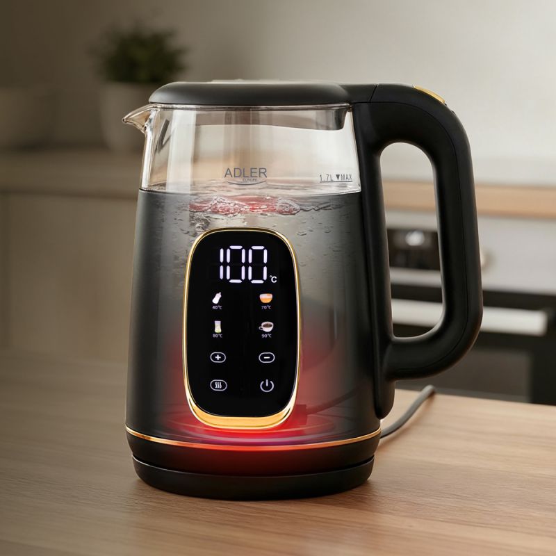 Електрочайник Adler AD 1305 black gold 1850-2200Вт/ 1.7л/ скло/ встановлення температури/ (AD1305BG)