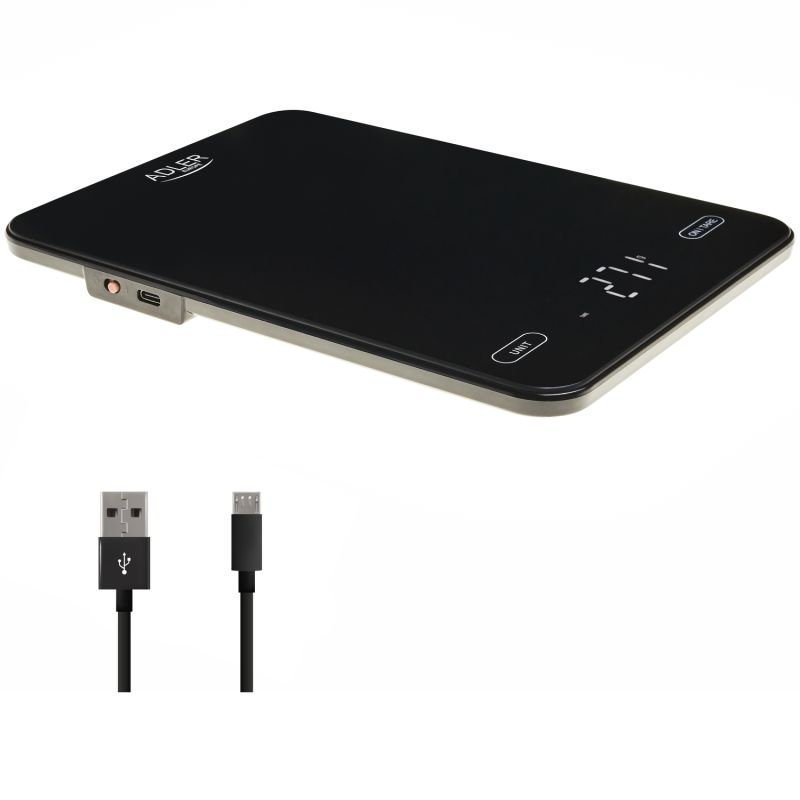 Ваги кухонні Adler AD 3177 black електронні/ 10кг/ г; мл, унція/ USB type C/ автовимкнення/ скло (AD3177B)