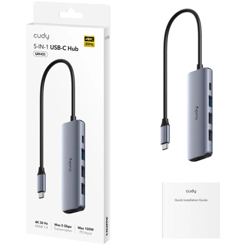 Док станція USB3.0 Type-C --> HDMI 4К30Hz,Type-C PD 100Вт,1хUSB-A 3.0 5 Гбіт/с,2хпередачі даних USB- (UH405)