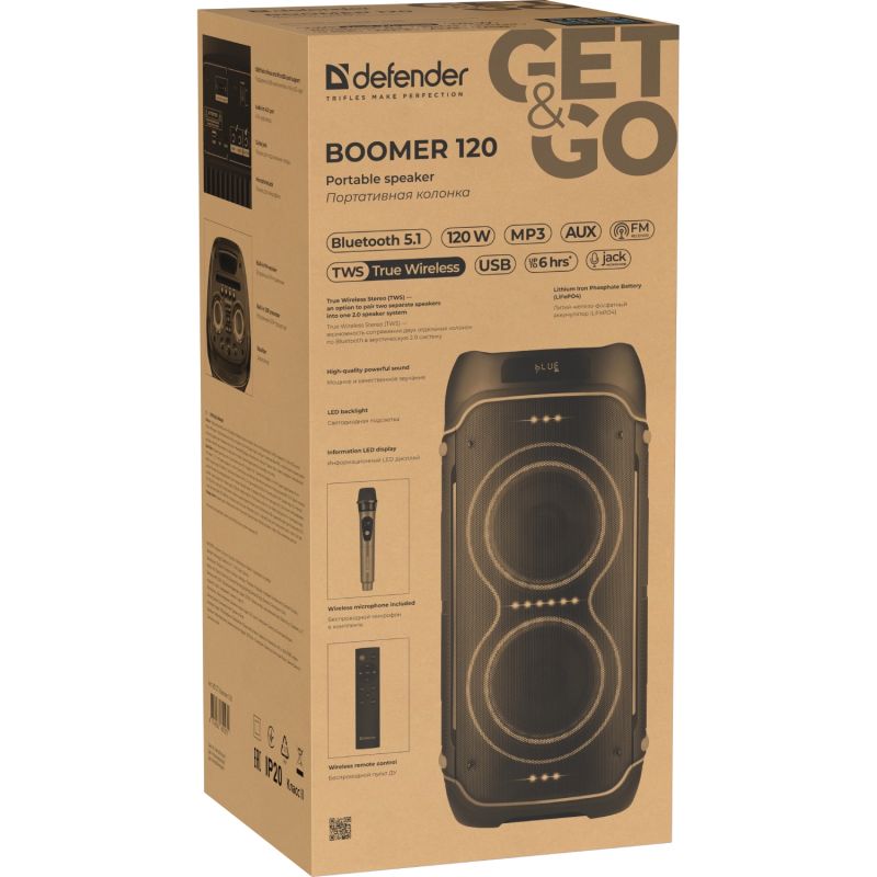 Акустична система 2.0 Defender Boomer 120, 120Вт BT/FM/TF/USB/MIC/LED, чорна (65127)