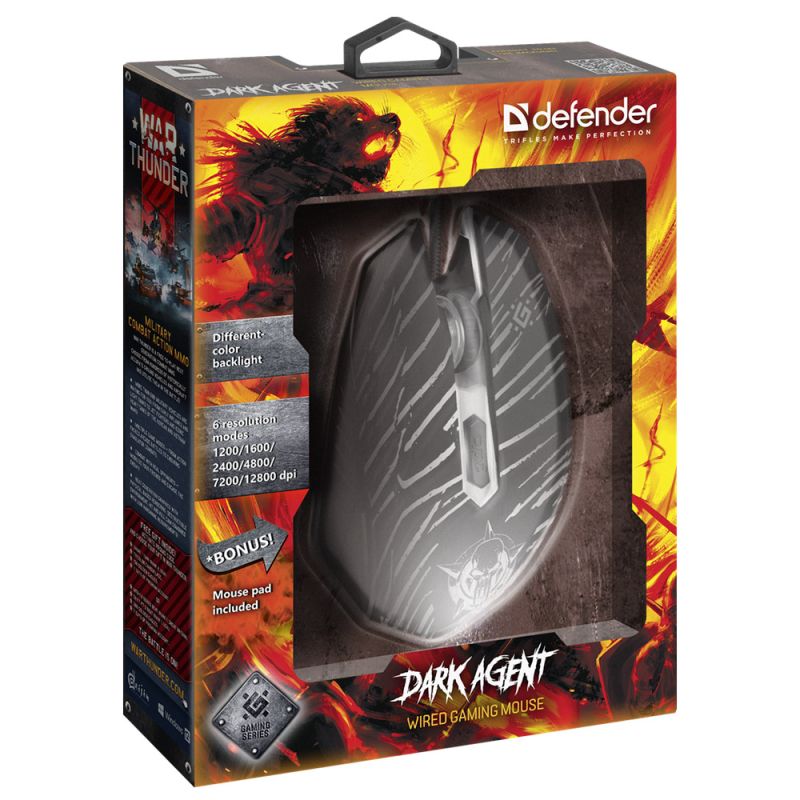 Мишка Defender Dark Agent GM-590L (+ килимок), 6 кн. до 12800 dpi (52590)