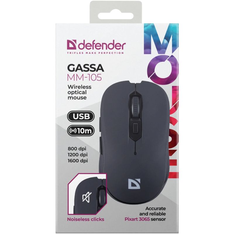 Мишка Defender Gassa MM-105, бездротова, 6 кн., 1600 dpi, безшумна чорна (52105)