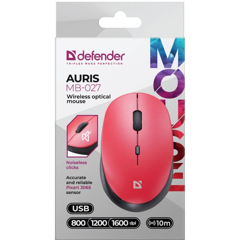 Мишка Defender Auris MB-027, бездротова, 4 кн. 1600 dpi, безшумна, червона (52026)