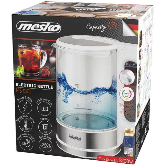 Електрочайник Mesko MS 1301 white 1850-2200Вт/ 1.7л/ скло/ встановлення температури (MS1301W)