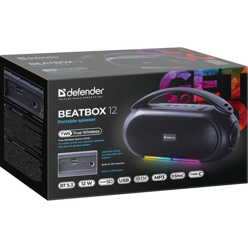 Акустична система 1.0 Defender Beatbox 12, 12Вт, Bluetooth/RGB/FM/USB/TF/MIC/ чорна (65812)