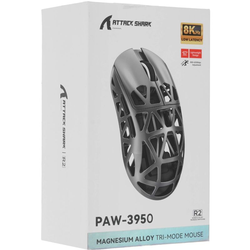 Мишка Attack Shark R2, Wireless/Bluetooth, 42000dpi. (PAW3950), 6кн., Silver gray (R2SGR_AS)