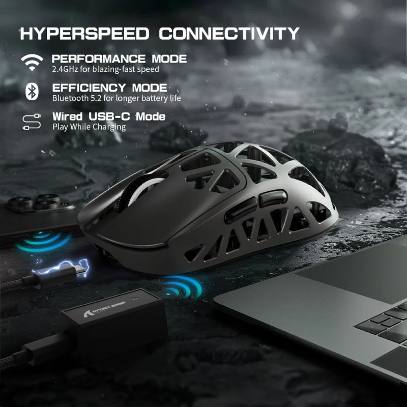 Мишка Attack Shark R2, Wireless/Bluetooth, 42000dpi. (PAW3950), 6кн., Silver gray (R2SGR_AS)