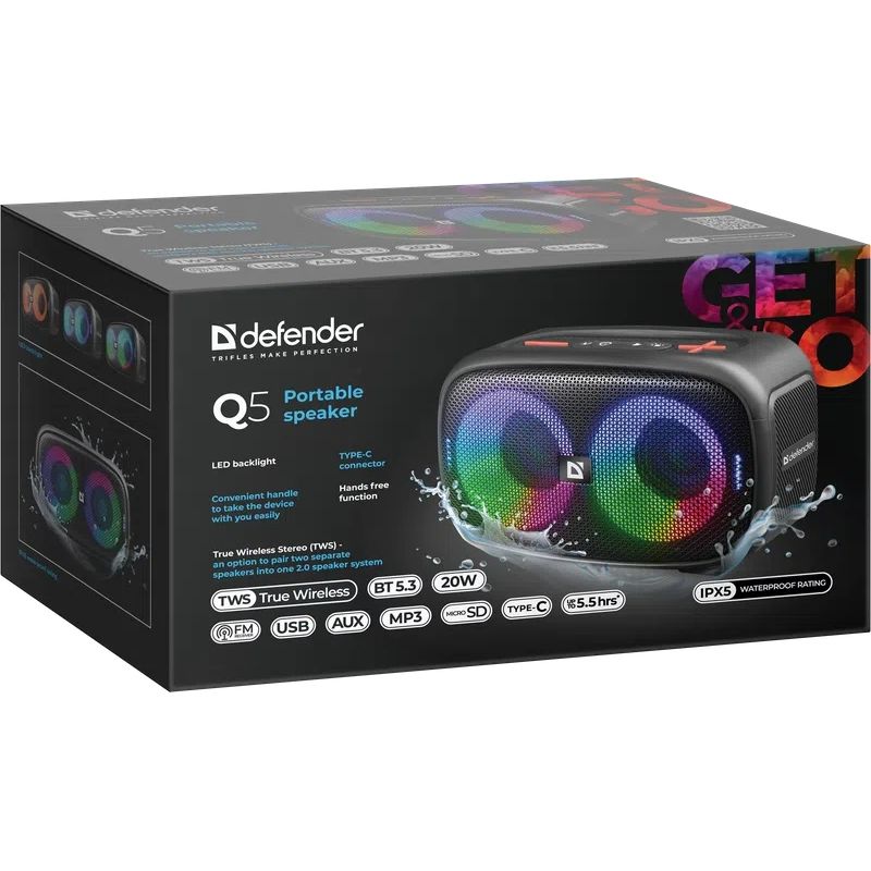 Акустична система 1.0 Defender Q5 20 Вт Bluetooth/FM/USB/TF/IPX5, LED, чорна (65305)