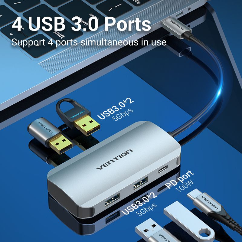 Хаб USB 3.1 Type-C -> 4хUSB 3.0/ Type-C PD 100W 5-in-1 Vention (TNBHB)