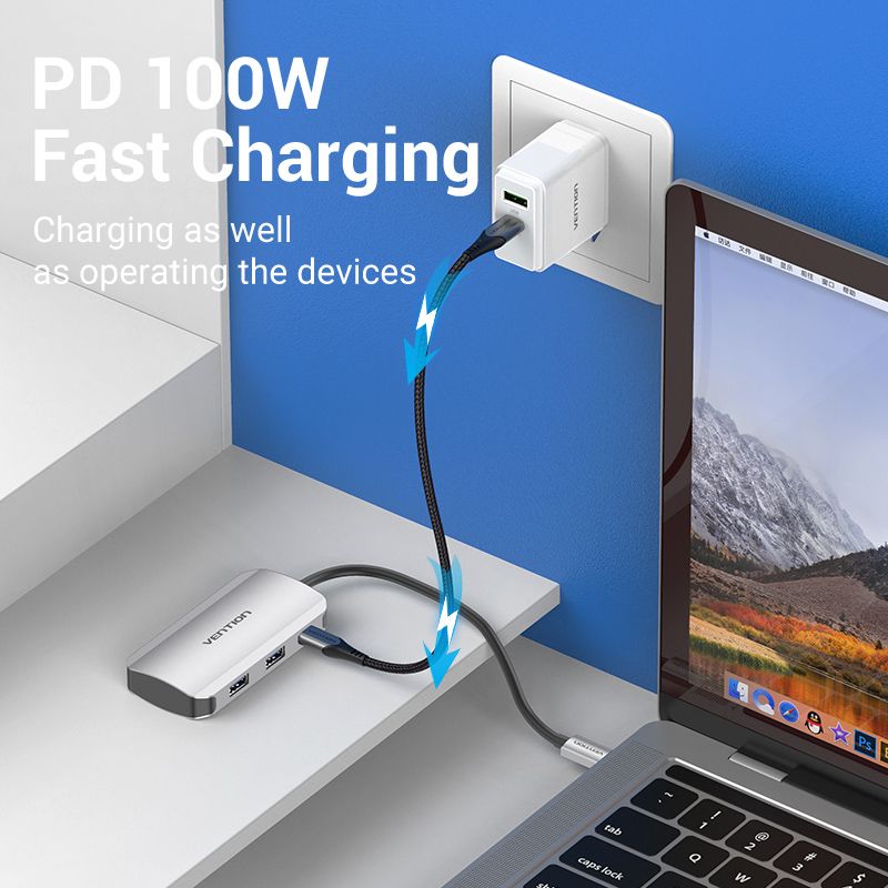 Хаб USB 3.1 Type-C -> 4хUSB 3.0/ Type-C PD 100W 5-in-1 Vention (TNBHB)
