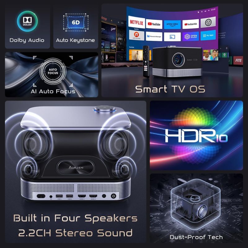 Проєктор Aurzen Boom 3 FullHD 500 ANSI Lm 16:9/4:3, 2*HDMI, 2*USB, Android Smart TV, Wifi, 36W, чорн (F503 FCC)