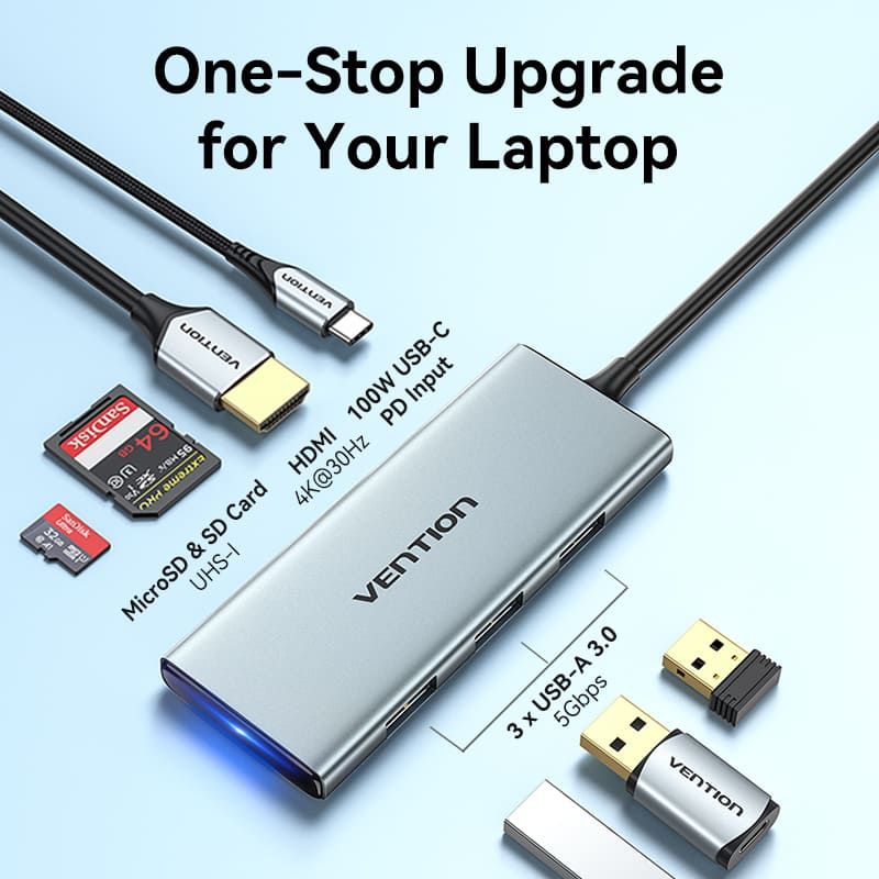 Док-станція USB3.1 Type-C --> HDMI 4K30Hz/USB 3.0x3/SD/TF/PD 100W 7-in-1 Vention (TOPHB)