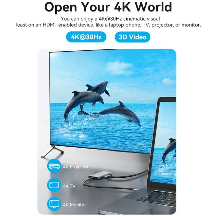 Док-станція USB3.1 Type-C --> HDMI 4K30Hz/USB 3.0x3/SD/TF/PD 100W 7-in-1 Vention (TOPHB)