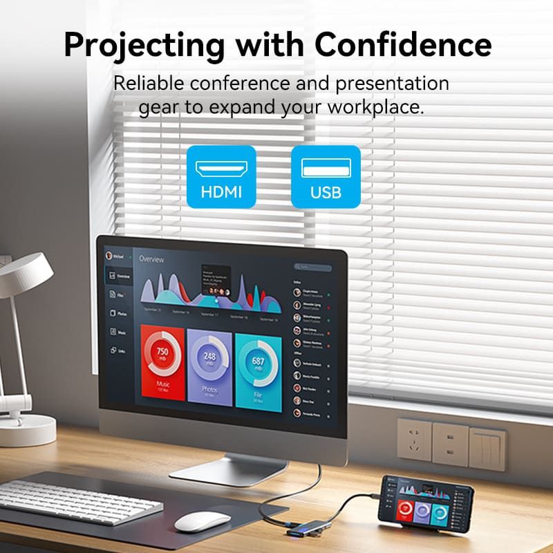 Док-станція USB3.1 Type-C --> HDMI 4K30Hz/USB 3.0x3/SD/TF/PD 100W 7-in-1 Vention (TOPHB)