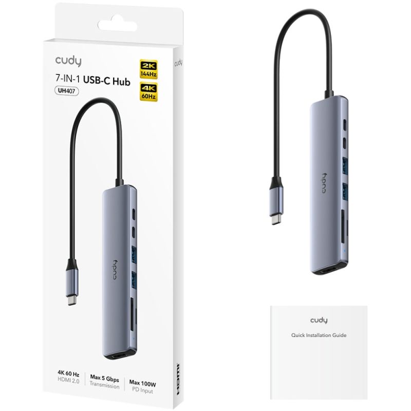 Хаб USB 3.0 Type-C -> 2xUSB-A, 2xUSB-C, 1xHDMI 4K@60Hz SD-card, TF-card, алюмінієвий корпус, CUDY (UH407)