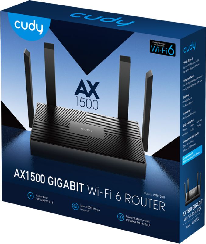 Маршрутизатор Cudy , AX1500 Gigabit Wi-Fi 6, 2.4GHz, 4x10/100/1000Mbps, WPA3, 4x5dBi fixed ant (WR1500)