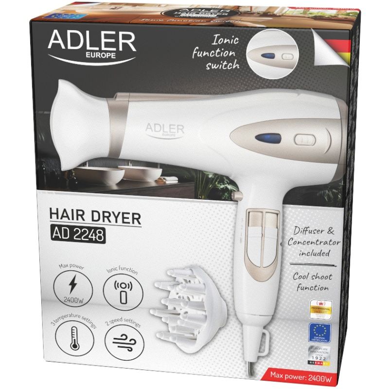 Фен Adler AD 2248 white champagne 2200Вт/ 2 швидкості/ хол.обдув/ темп.режимів-3/ іонізація/ дифузор (AD2248W)