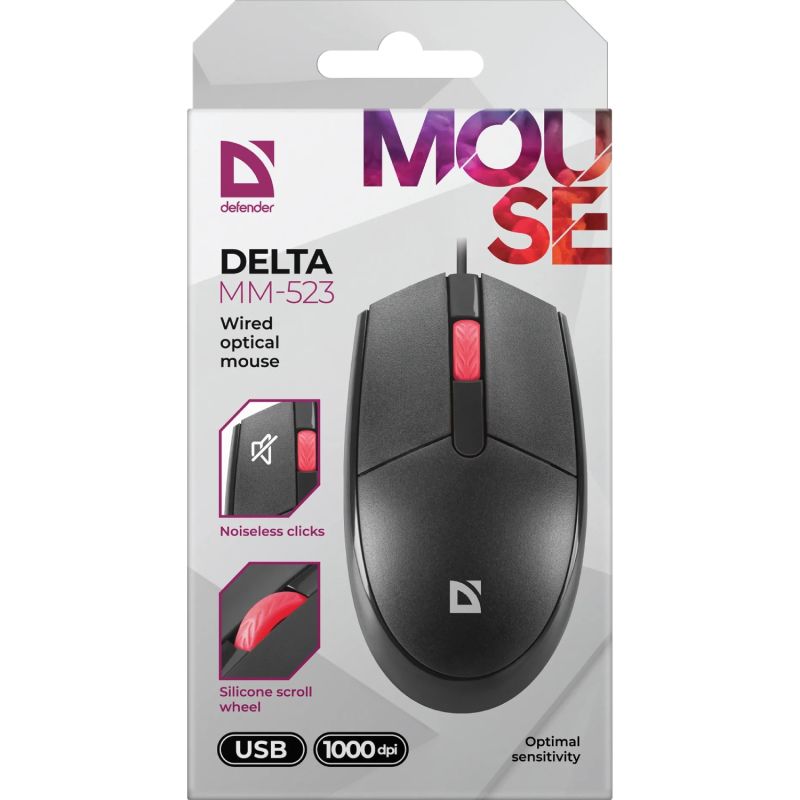 Мишка Defender Delta MM-523, 3кн.,1000dpi, безшумна чорна (52523)