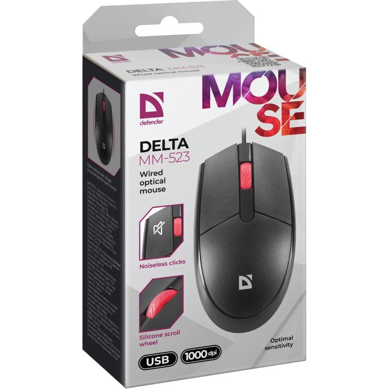 Мишка Defender Delta MM-523, 3кн.,1000dpi, безшумна чорна (52523)