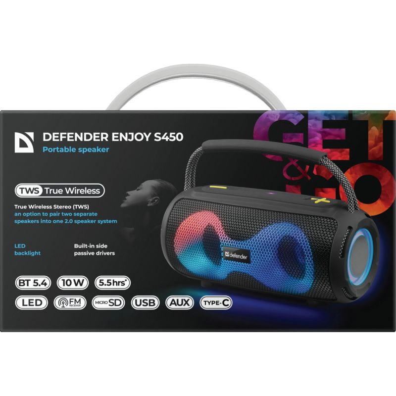 Акустична система 1.0 Defender S450, 10Вт RGB/BT/FM/USB/TF/AUX/TWS чорна (65451)
