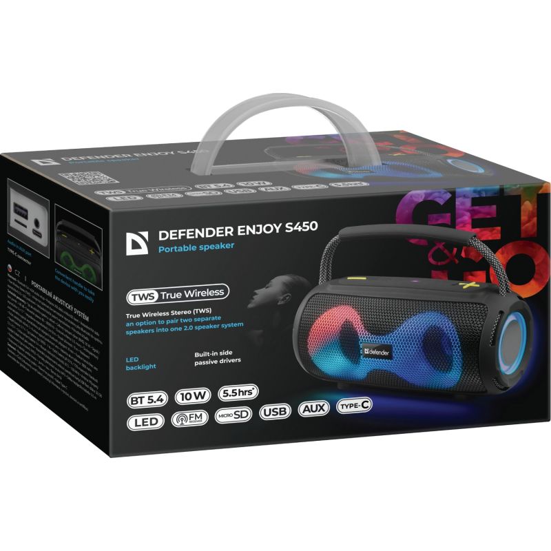 Акустична система 1.0 Defender S450, 10Вт RGB/BT/FM/USB/TF/AUX/TWS чорна (65451)
