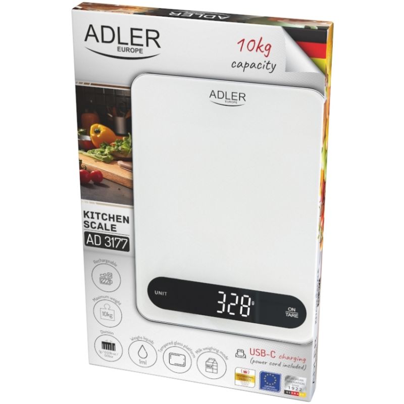 Ваги кухонні Adler AD 3177 white black електронні/ 10кг/ г; мл, унція/ USB type C/ автовимкнення (AD3177WB)